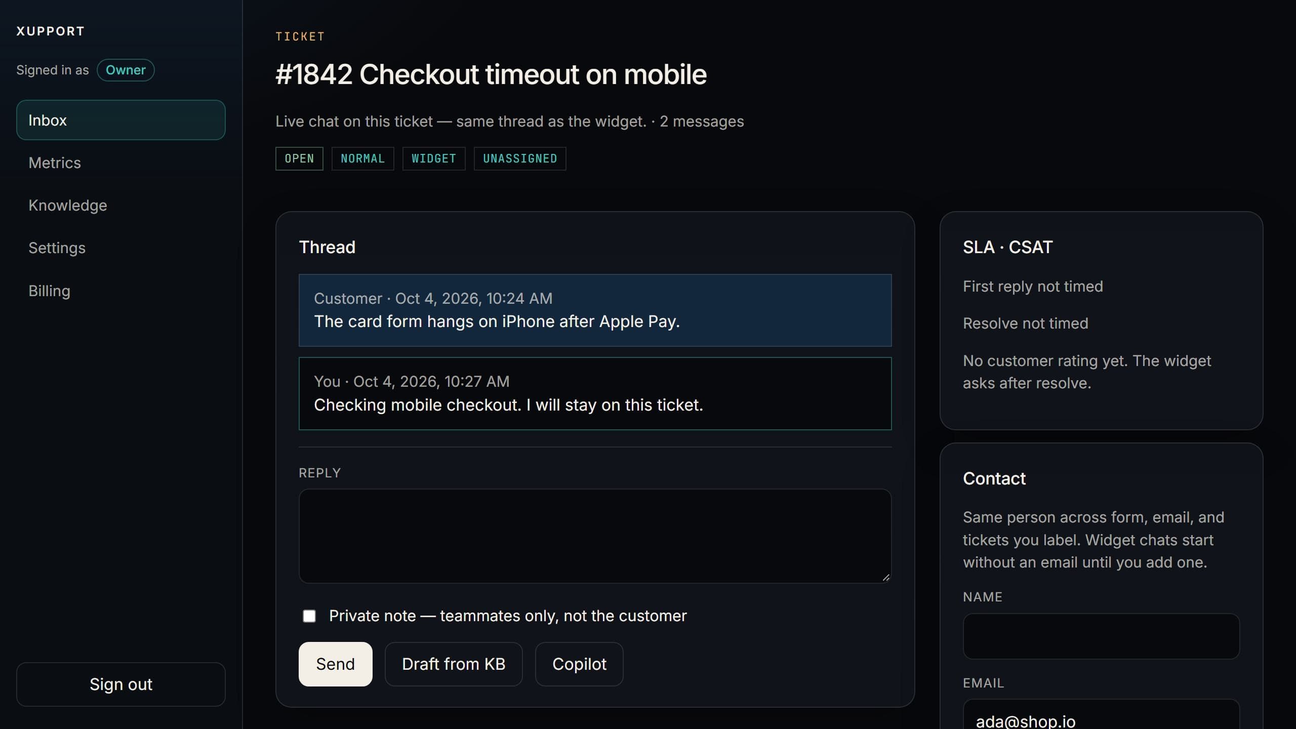 Live-chat widget on a website, with the matching ticket open in the inbox.