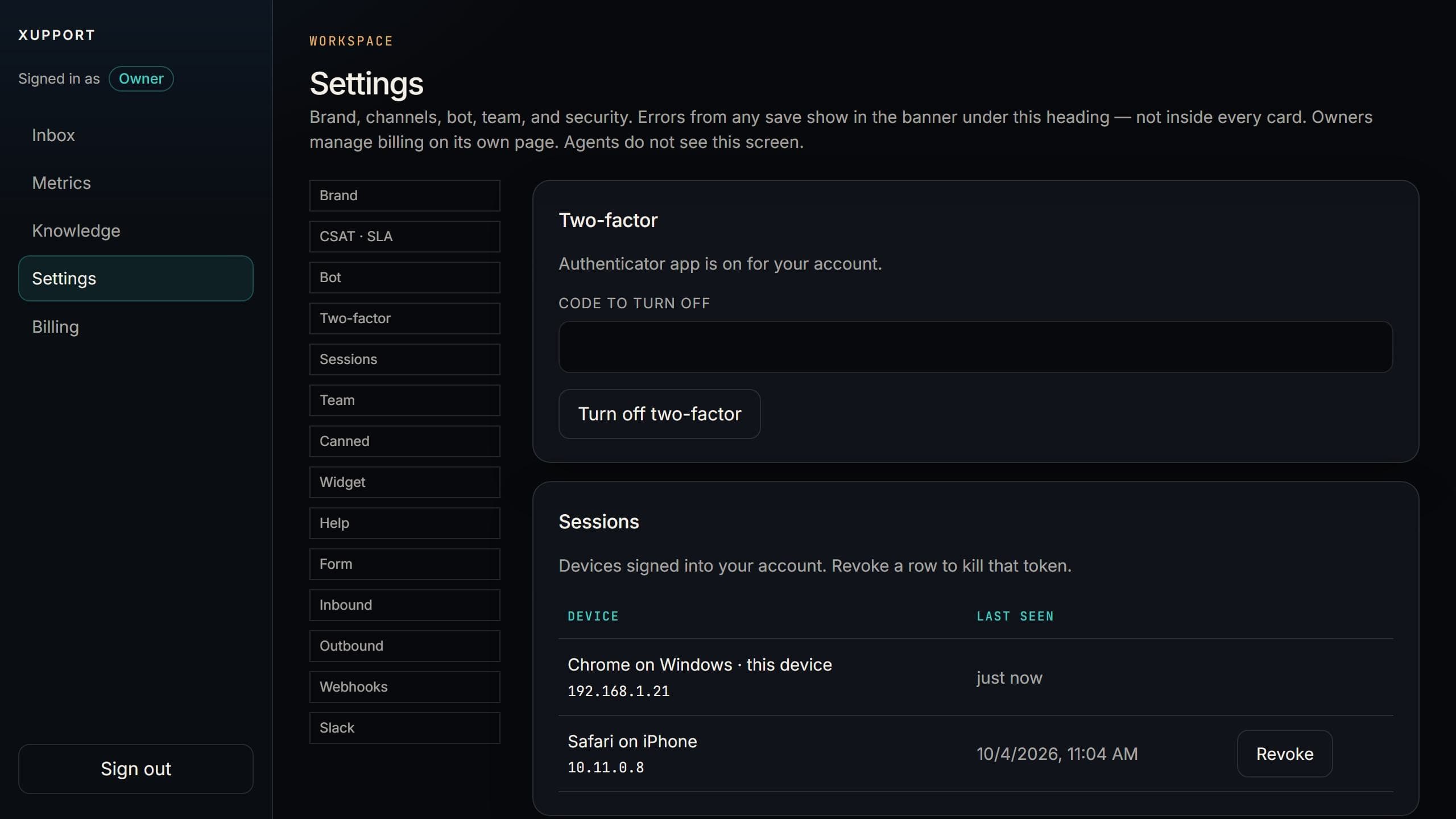 Security settings for a workspace: active sessions, invites, and an API key.