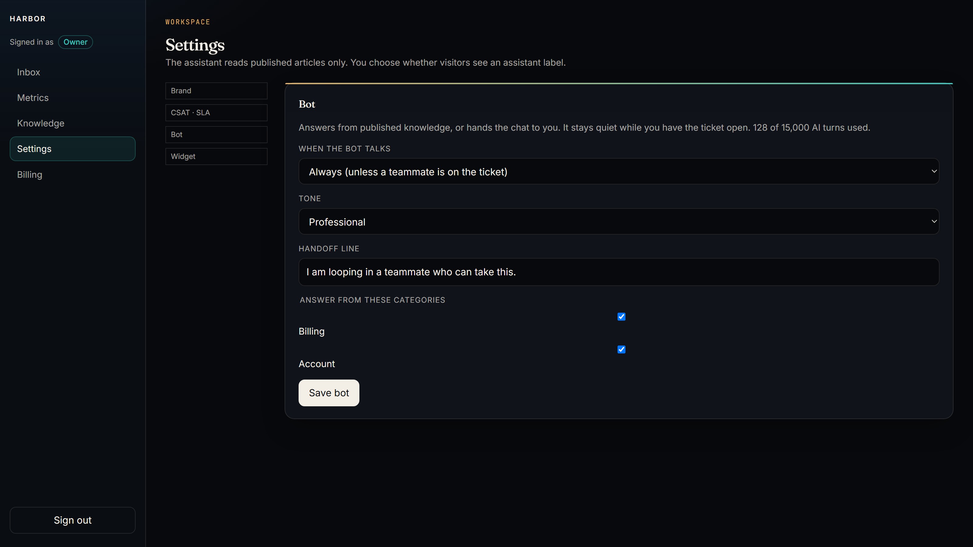 Xupport Bot settings: always on, tone, handoff line, and article categories.