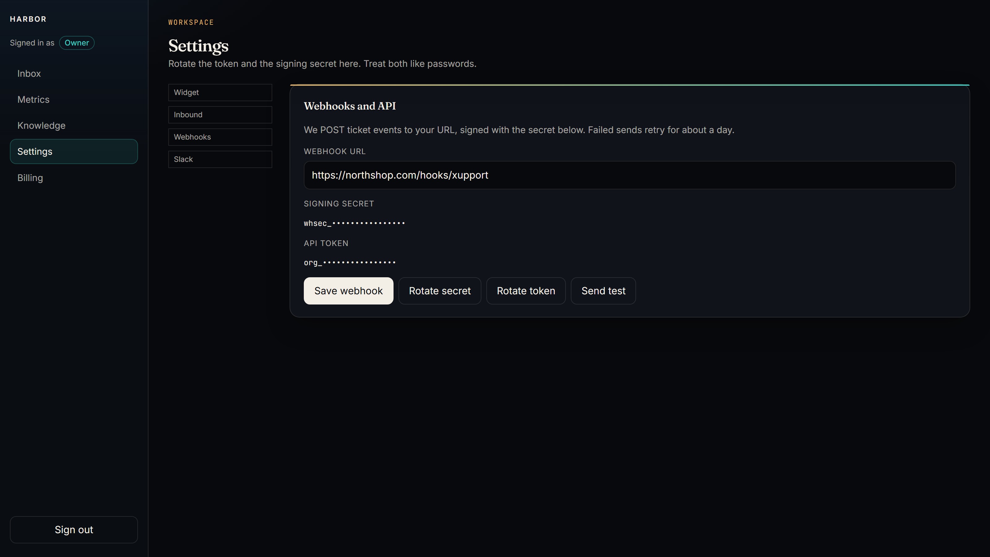 Xupport developer docs for the public API and signed webhooks.