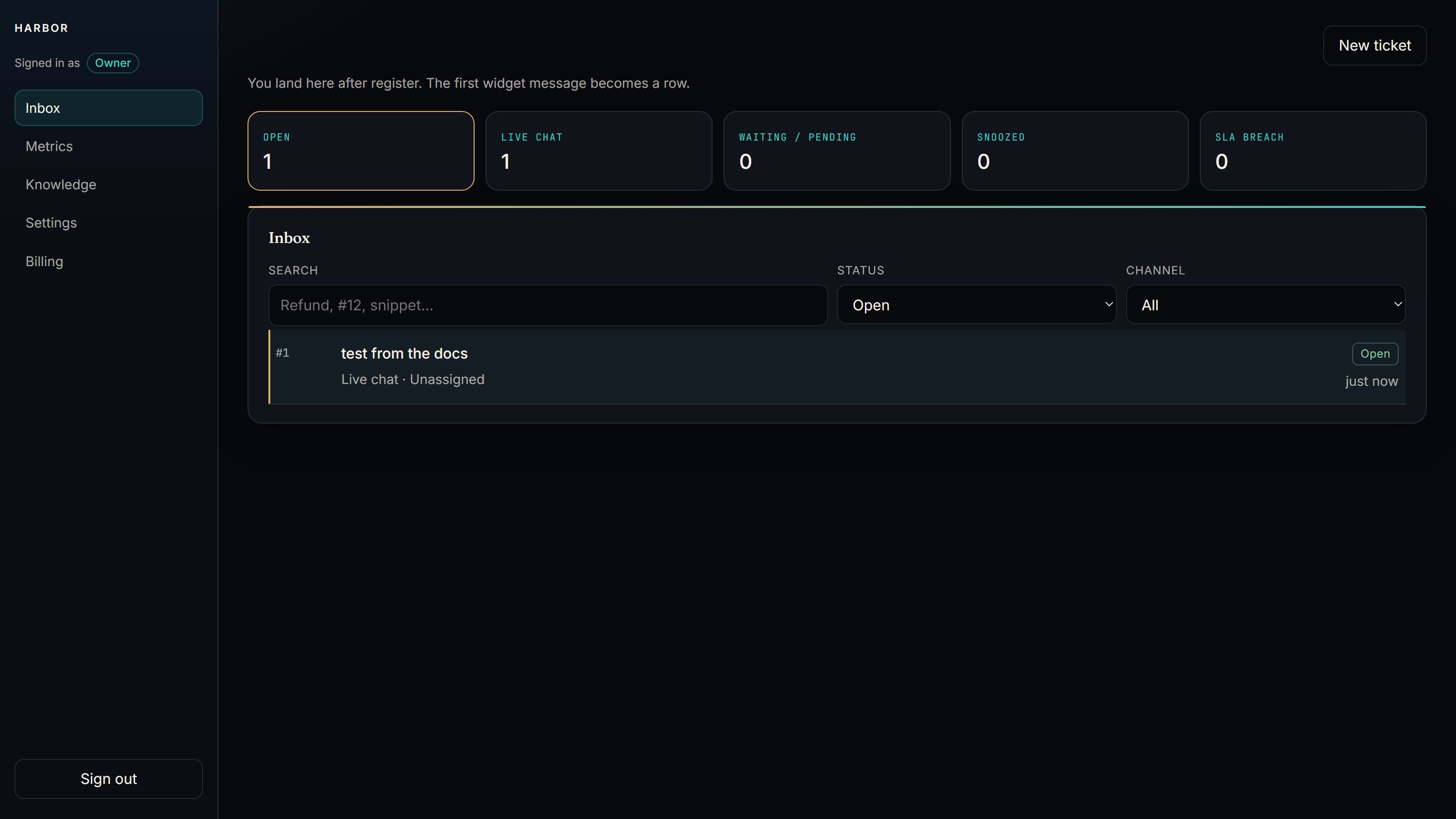 Inbox with a test ticket after setup — the same queue IT requests use.