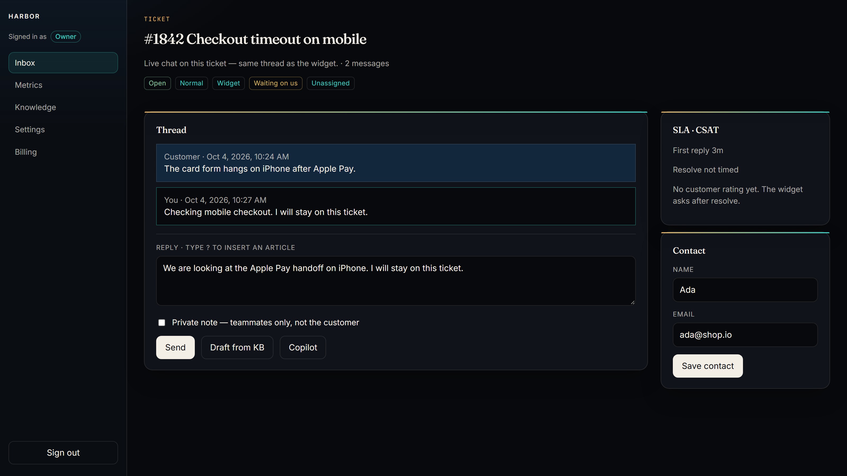Customer-visible ticket thread without staff notes.