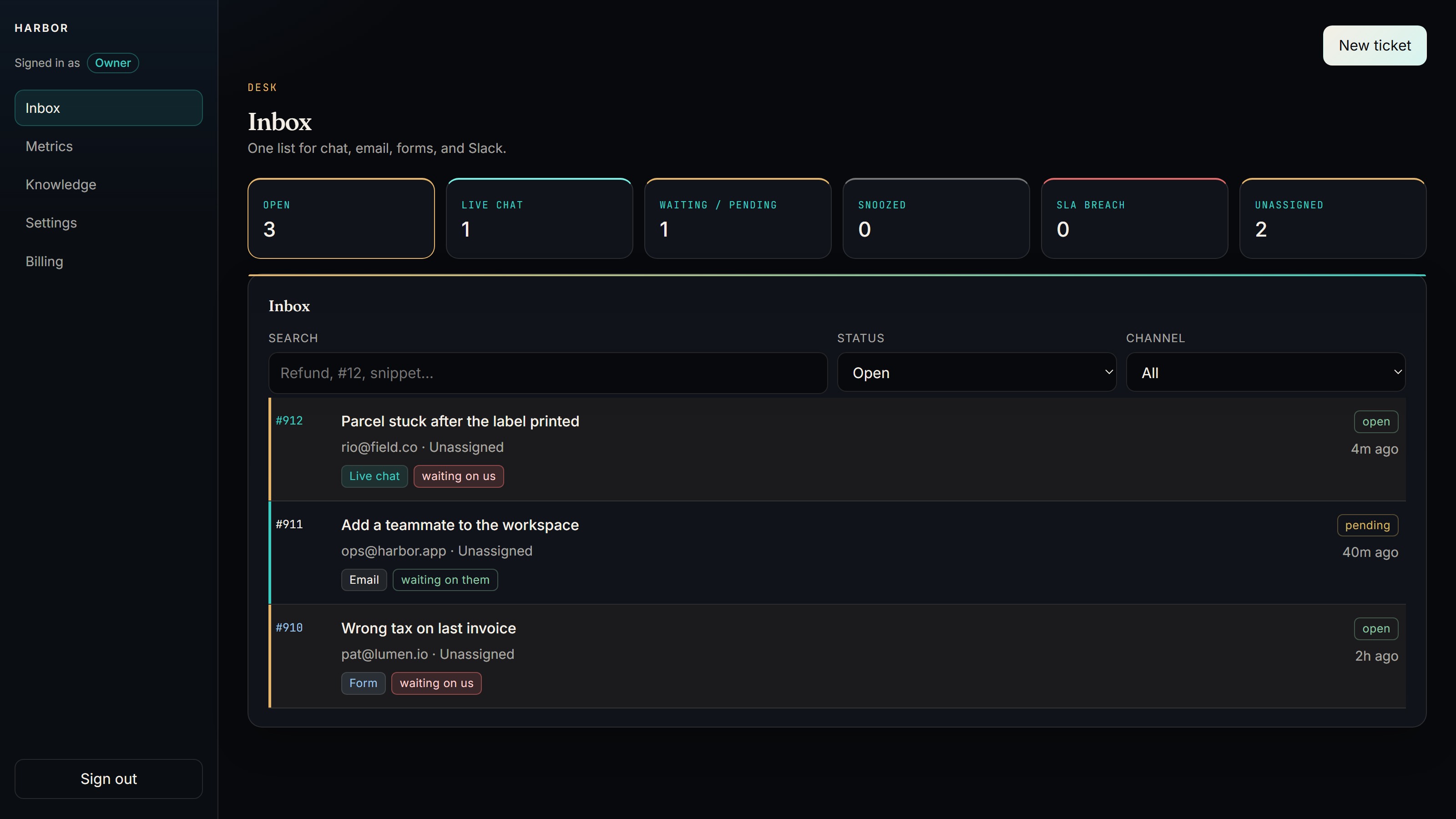 Xupport inbox with numbered tickets for chat and email in one list.